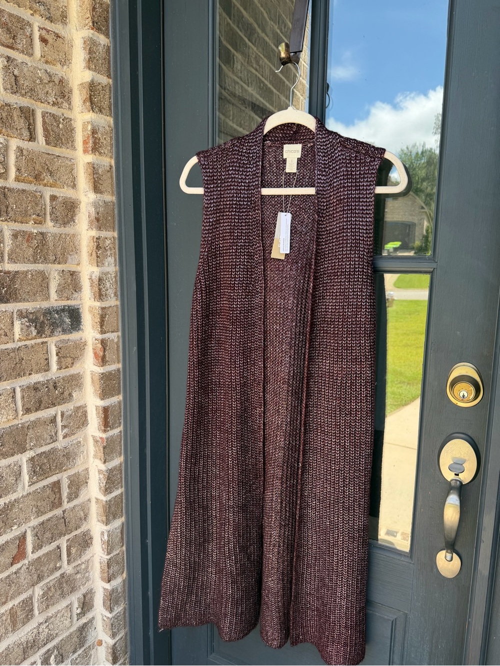 CHICO'S Sweater Size 1 Maroon Red Metallic Long Open Knit Sleeveless Vest NWT